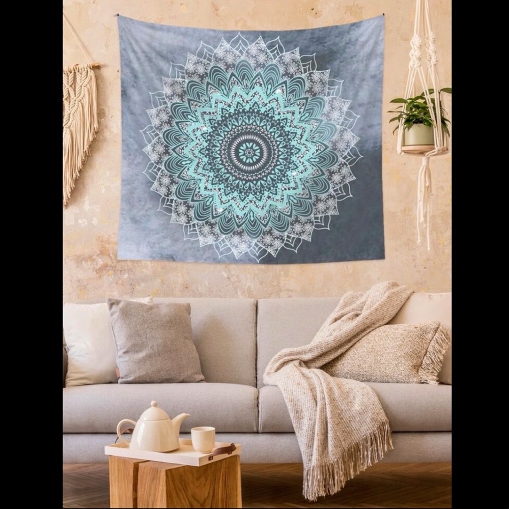 Boho Mandala Grey and Blue Geometric Tapestry Wall Hanging - Picture 5 of 5